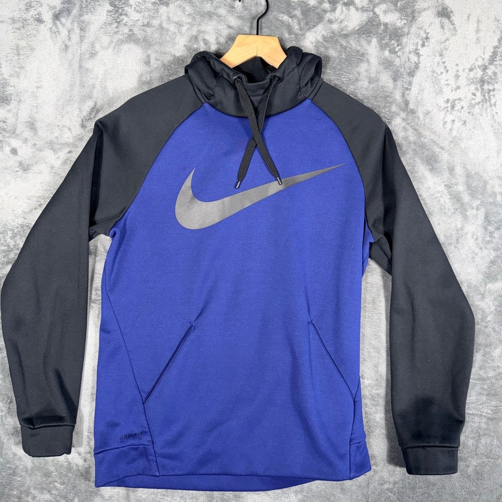 Nike Mens Dri-Fit Hoodie‎ Pullover Size S Blue Black Swoosh Sweatshirt Athletic